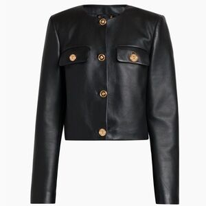 Versace Faux Leather Collarless Jacket Black Gold Women’s Size 38/US 2